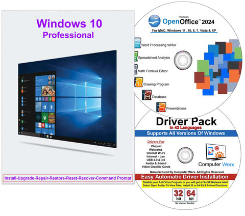 Windows 10 Pro Repair Reinstall Repair Recover DVD with Key, Plus Office 2024 & Drivers Pack