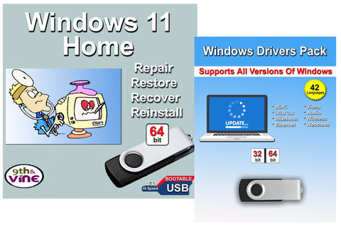 Windows 11 Home Repair Reinstall Repair Recover USB with Key code & Drivers Pack