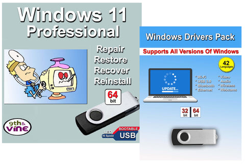 Windows 11 Pro Repair Reinstall Repair Recover USB with Key code & Drivers Pack